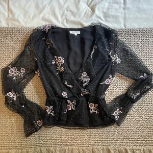 Floral Embroidered Black Sheer Top